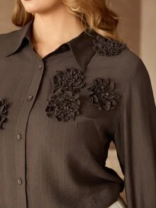 Roveilla Plus Size Women's Elegant Casual Solid Color 3D Floral Decor Shirt Collar Long Sleeve Spring Autumn Blouse Office Party Formal Dark Purple Fall - Brown - View 8