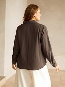 Roveilla Plus Size Women's Elegant Casual Solid Color 3D Floral Decor Shirt Collar Long Sleeve Spring Autumn Blouse Office Party Formal Dark Purple Fall - Brown - View 2