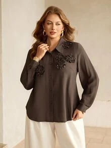 Roveilla Plus Size Women's Elegant Casual Solid Color 3D Floral Decor Shirt Collar Long Sleeve Spring Autumn Blouse Office Party Formal Dark Purple Fall - Brown - View 7