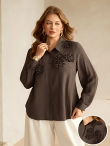 Roveilla Plus Size Women's Elegant Casual Solid Color 3D Floral Decor Shirt Collar Long Sleeve Spring Autumn Blouse Office Party Formal Dark Purple Fall - Brown - View 1