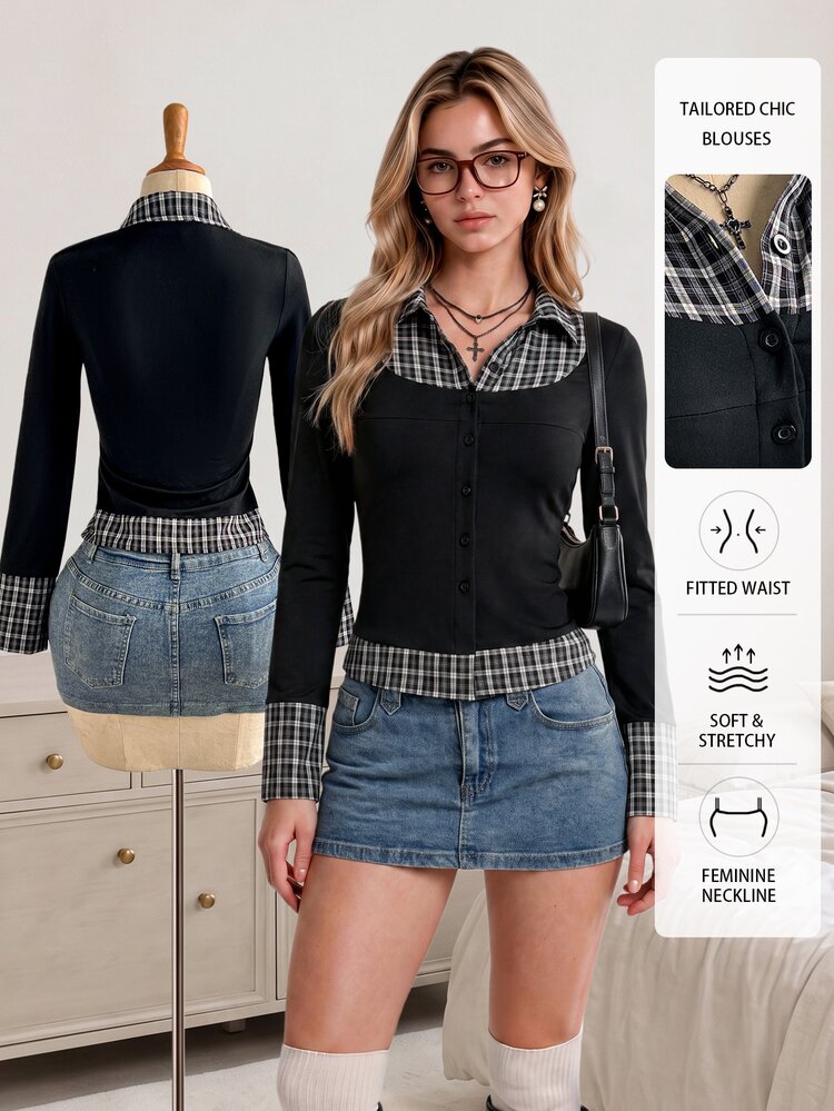 Elamini Plaid Colorblock Long Sleeve Collared Shirt For Women - Black - View 8