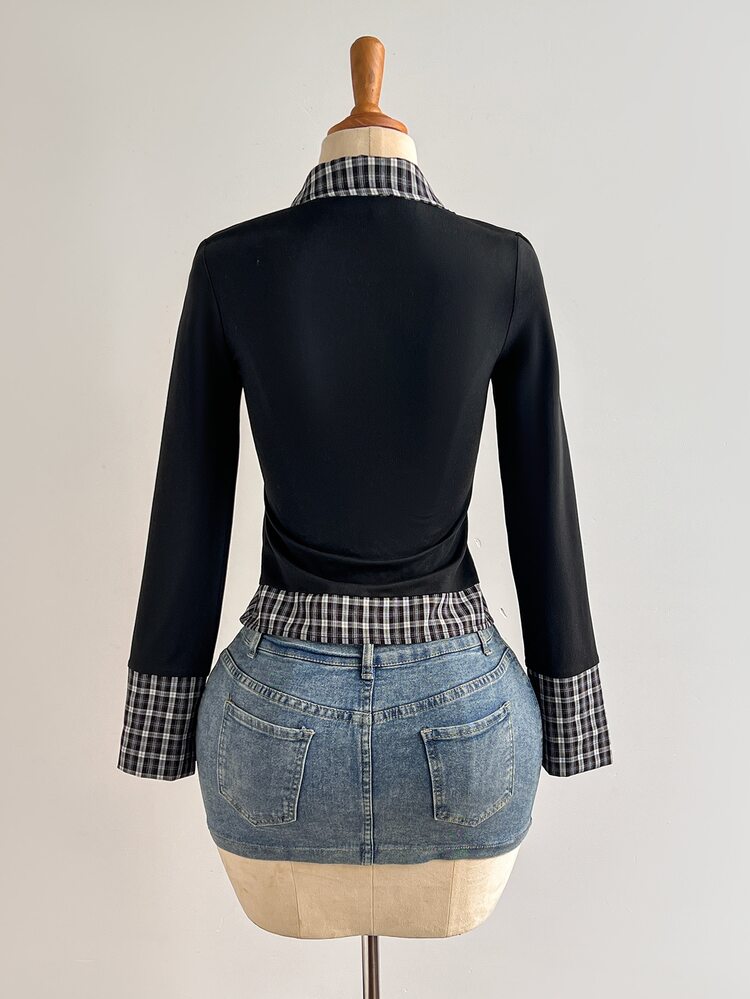 Elamini Plaid Colorblock Long Sleeve Collared Shirt For Women - Black - View 2