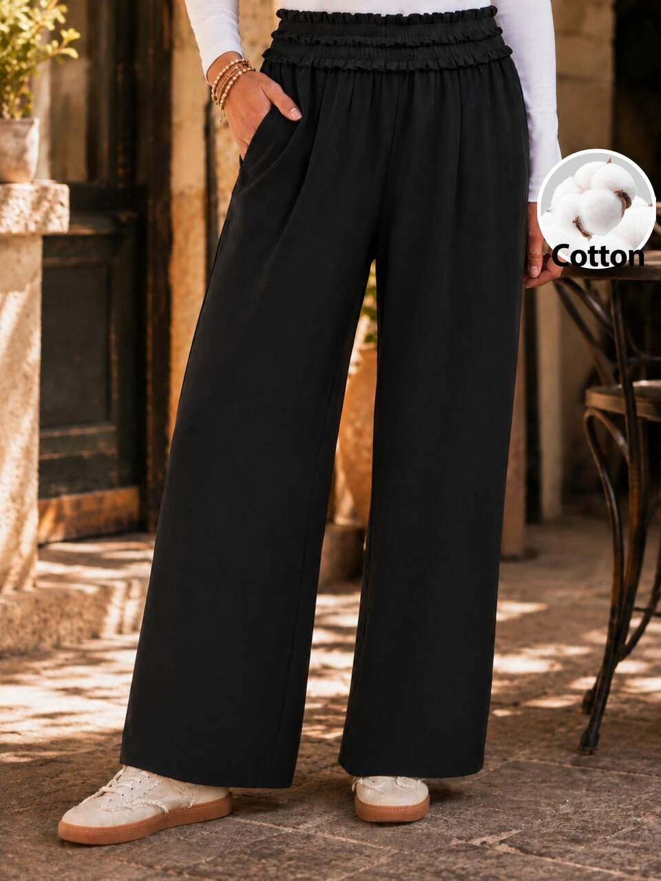 Plus Size Women's Solid Color Ruffle Waistband Pocket Wide Leg Long Pants Autumn 2026 Brunch Formal Office Black Casual