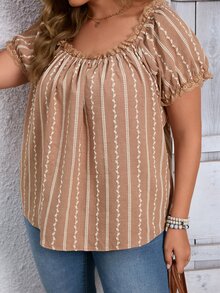 Rosumi Women's Plus Size Lace Patchwork Textured Fabric Allover White Pullover Round Neck Blouse Summer Country Casual Smart Elegant Boho Vacation - Coffee Brown - View 6