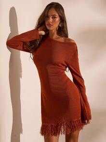 Opulessa Women's Solid Color Asymmetric Collar Tassel Hem Knit Dress - Brown - View 6