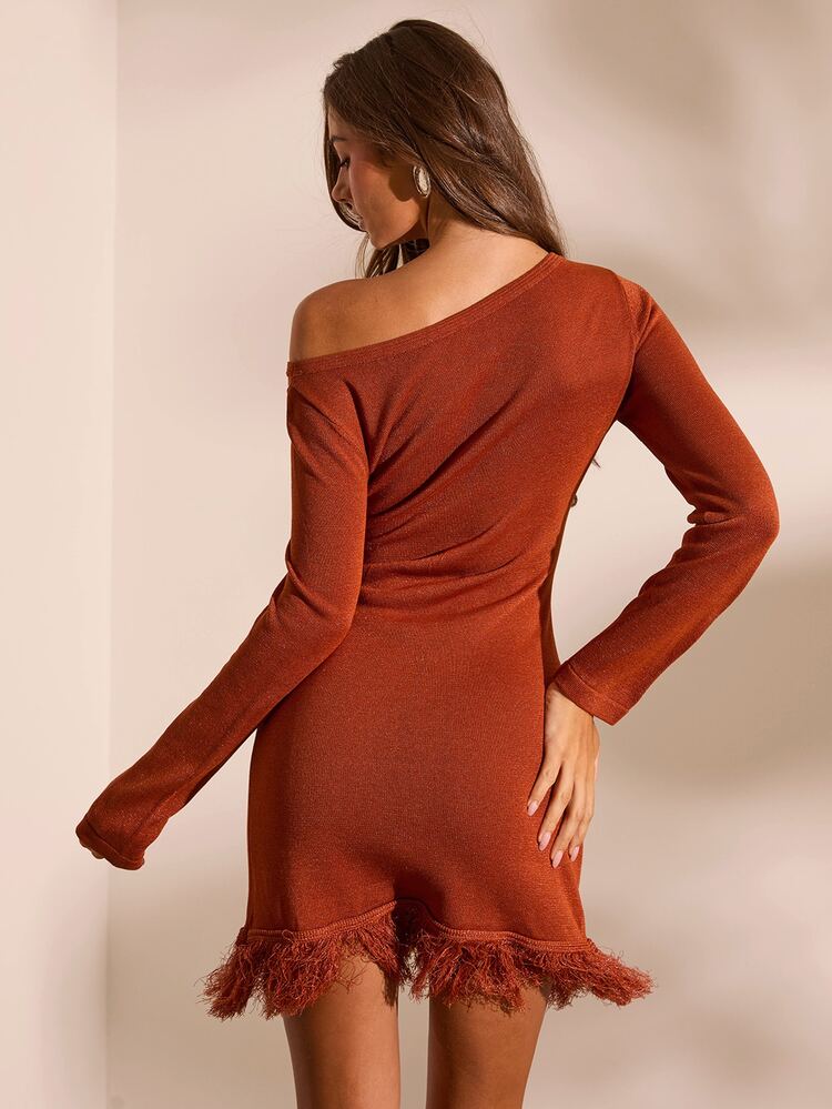 Opulessa Women's Solid Color Asymmetric Collar Tassel Hem Knit Dress - Brown - View 4