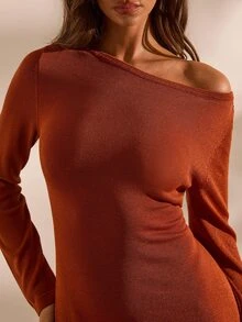 Opulessa Women's Solid Color Asymmetric Collar Tassel Hem Knit Dress - Brown - View 3