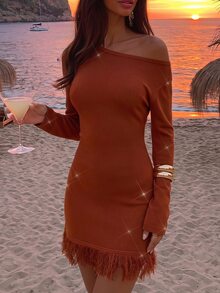 Opulessa Women's Solid Color Asymmetric Collar Tassel Hem Knit Dress - Brown - View 1