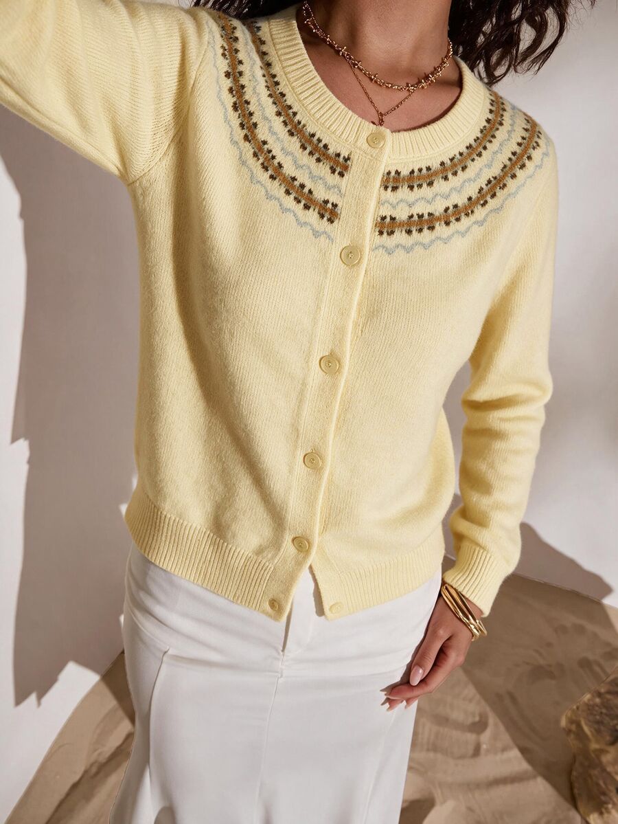 Opulessa Women's Vintage Preppy Casual Elegant Jacquard Button Cardigan Sweater For Vacation Brunch Everyday School Tea Party Pale Yellow Autumn - Light Yellow - View 1