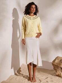 Opulessa Women's Vintage Preppy Casual Elegant Jacquard Button Cardigan Sweater For Vacation Brunch Everyday School Tea Party Pale Yellow Autumn - Light Yellow - View 5