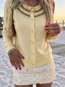 Opulessa Women's Vintage Preppy Casual Elegant Jacquard Button Cardigan Sweater For Vacation Brunch Everyday School Tea Party Pale Yellow Autumn - Light Yellow - View 4