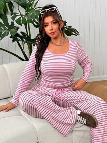 SHEIN EZwear 大尺碼秋季休閒可愛粉色上衣與長褲兩件套家居休閒服 - 彩色 - 查看 4