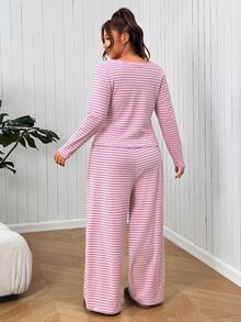 SHEIN EZwear 大尺碼秋季休閒可愛粉色上衣與長褲兩件套家居休閒服 - 彩色 - 查看 3