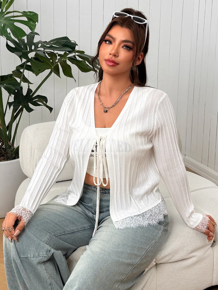 SHEIN EZwear Plus Size Women's Solid Color Contrast Lace Cuff Front Tie Jacket - White - View 5