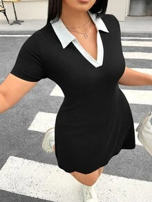 Muchica 大码女式拼色翻领短袖休闲连衣裙 - 黑色 - 查看 7