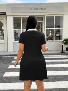Muchica 大码女式拼色翻领短袖休闲连衣裙 - 黑色 - 查看 3