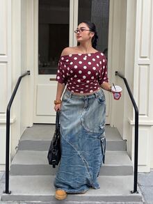 Muchica Burgundy Polka Dot Plus Size Women's Asymmetrical Shoulder Short Sleeve T-Shirt - Burgundy - View 3
