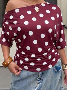 Muchica Burgundy Polka Dot Plus Size Women's Asymmetrical Shoulder Short Sleeve T-Shirt - Burgundy - View 6