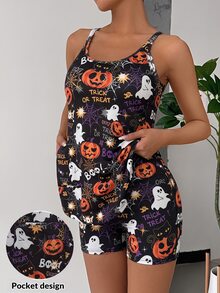 SHEIN EZwear EZwear 大尺碼骷髏花卉印花美人魚細肩帶洋裝，Y2K 休閒可愛日系風，黑色夏季萬聖節派對生日度假穿搭 - 彩色 - 查看 7