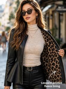Editum Women's Solid Color PU Leather Fashion Versatile Daily Casual Long Sleeve Jacket - Black - View 10