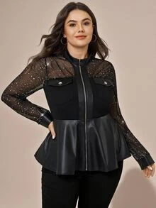 Comfylo Kemeja Fashion Wanita Ukuran Besar dengan Detail Jala Kontras, Resleting, Saku Depan, dan Hem Berkerut - Hitam - View 5