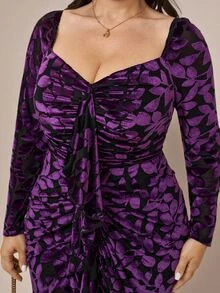 Comfylo Vestido de terciopelo con estampado de leopardo, fruncido y ribete de volantes, talla grande - Morado Violeta - Ver 8