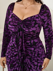 Comfylo Vestido de terciopelo con estampado de leopardo, fruncido y ribete de volantes, talla grande - Morado Violeta - Ver 4