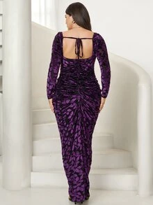 Comfylo Vestido de terciopelo con estampado de leopardo, fruncido y ribete de volantes, talla grande - Morado Violeta - Ver 9