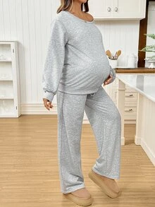SHEIN Maternity Solid Color Asymmetric Neck Long Sleeve Sweatshirt And Adjustable Waist Long Pants Casual 2 Pieces Set - Grey - View 5