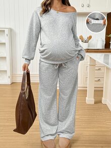 SHEIN Maternity Solid Color Asymmetric Neck Long Sleeve Sweatshirt And Adjustable Waist Long Pants Casual 2 Pieces Set - Grey - View 1