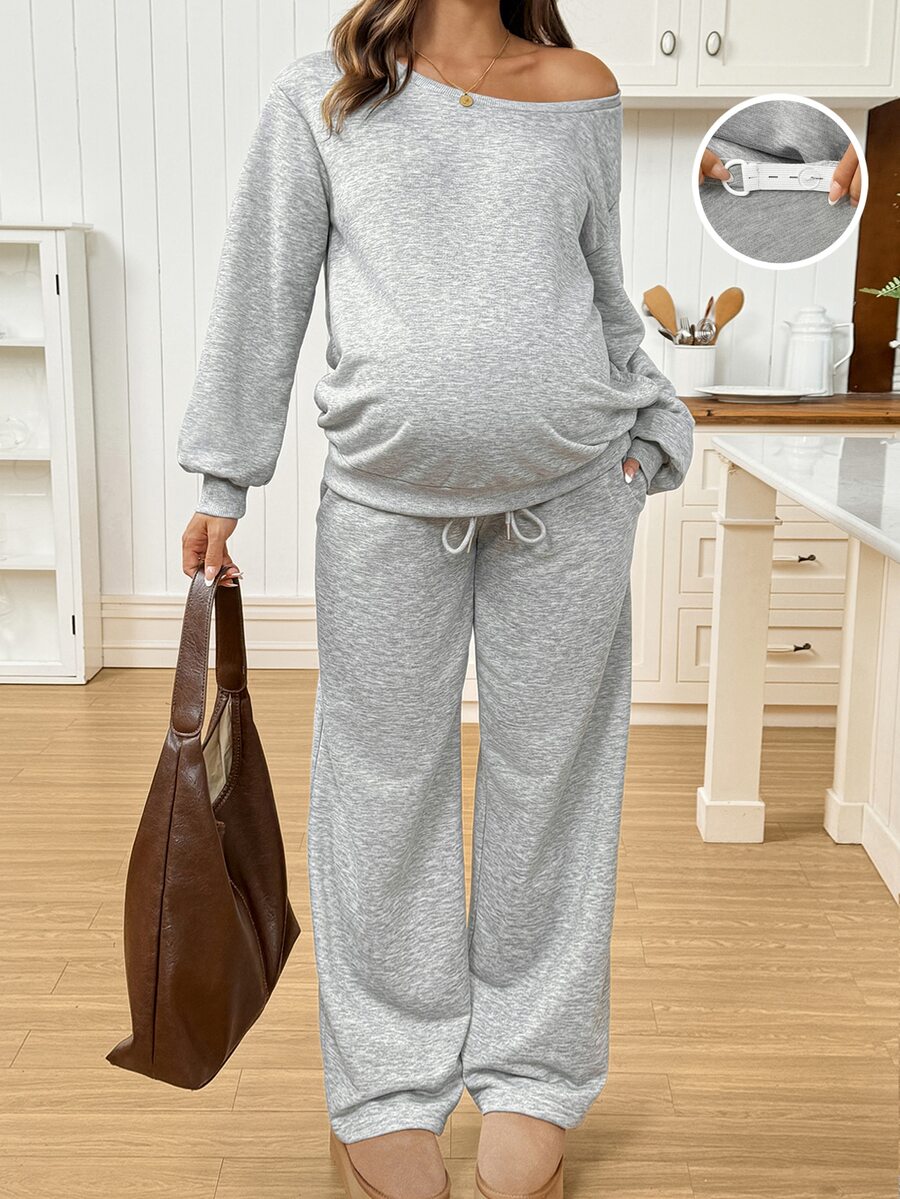 SHEIN Maternity Solid Color Asymmetric Neck Long Sleeve Sweatshirt And Adjustable Waist Long Pants Casual 2 Pieces Set - Grey - View 1