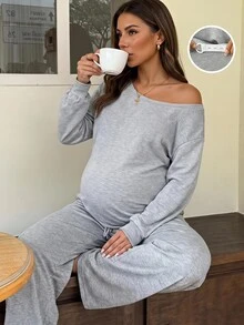 SHEIN Maternity Solid Color Asymmetric Neck Long Sleeve Sweatshirt And Adjustable Waist Long Pants Casual 2 Pieces Set - Grey - View 2