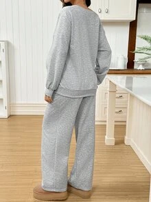 SHEIN Maternity Solid Color Asymmetric Neck Long Sleeve Sweatshirt And Adjustable Waist Long Pants Casual 2 Pieces Set - Grey - View 8