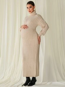 MaterniChic Maternity Solid Color High Neck Drop Shoulder Long Sleeve Elegant Knit Dress - Khaki - View 7