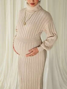 MaterniChic Maternity Solid Color High Neck Drop Shoulder Long Sleeve Elegant Knit Dress - Khaki - View 9