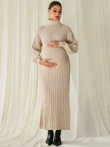 MaterniChic Maternity Solid Color High Neck Drop Shoulder Long Sleeve Elegant Knit Dress - Khaki - View 6