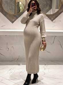 MaterniChic Maternity Solid Color High Neck Drop Shoulder Long Sleeve Elegant Knit Dress - Khaki - View 2
