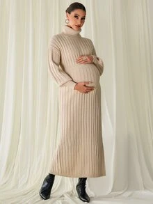MaterniChic Maternity Solid Color High Neck Drop Shoulder Long Sleeve Elegant Knit Dress - Khaki - View 8