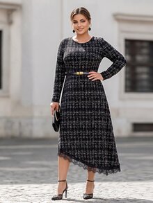 Chikora Plus Size Women's Round Neck Long Sleeve Contrast Lace Hem Plaid Elegant Dress - Black and White - View 5