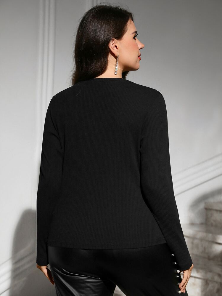 Reflora Plus Size Women's Elegant Black Long Sleeve T-Shirt, Autumn/Winter, Stretch Comfortable, Contrast Collar Floral Detail Cocktail Evening Date Night - Black - View 2