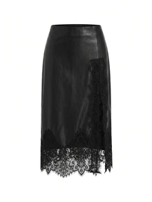 Chikora Plus Size French Lace Patchwork Elegant Sexy Skirt For Business Cocktail Halloween Night Evening Party Black Summer - Black - View 4