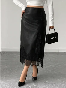 Chikora Plus Size French Lace Patchwork Elegant Sexy Skirt For Business Cocktail Halloween Night Evening Party Black Summer - Black - View 9