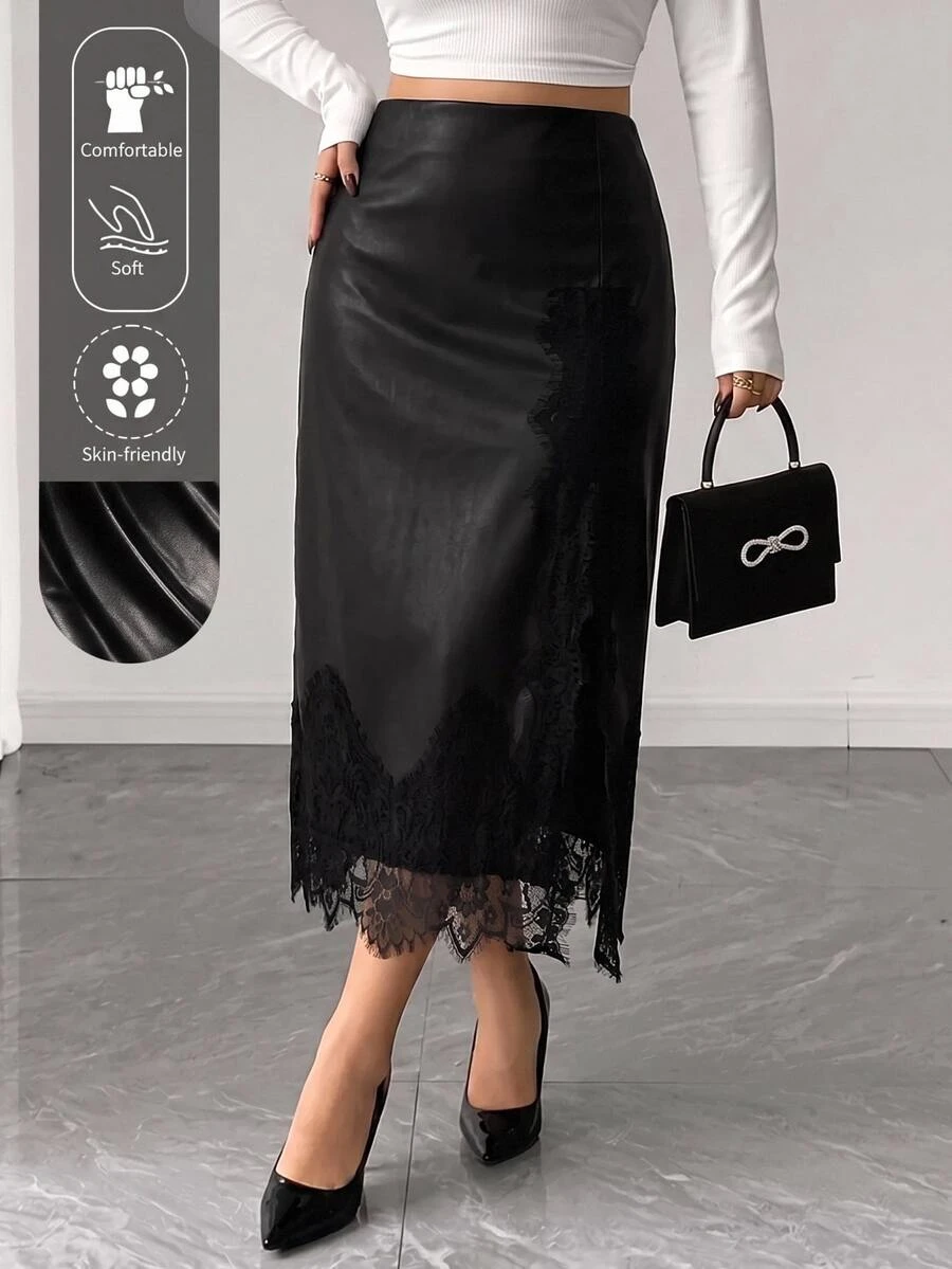 Chikora Plus Size French Lace Patchwork Elegant Sexy Skirt For Business Cocktail Halloween Night Evening Party Black Summer - Black - View 1