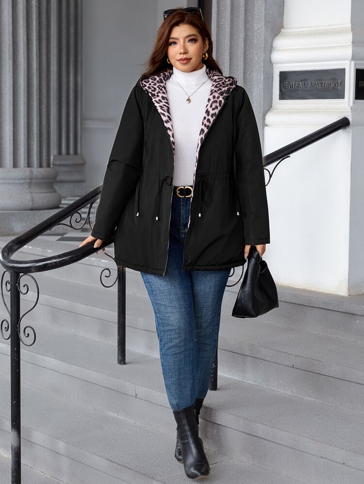 SHEIN Clasi Women's Plus-Size Autumn Coat: Elegant Baggy Dressy Hooded Wind/Water-Resistant With Cinched Waist Pockets Warm Comfortable Black Teacher Club - Multicolor - View 3