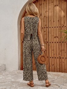 EMERY ROSE Women's Leopard Print Single-Breasted Back Vest And Pants Casual Breezy Tropical European Boho Two Pieces Set Beige Summer Outfits Beach Vacation - Brown - View 2