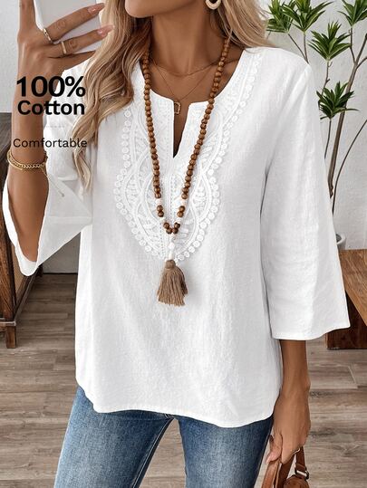 EMERY ROSE Fall Women Clothes Women's Solid Color V-Neck Long Sleeve Simple Casual Blouse, Three Quarter Sleeve Tops