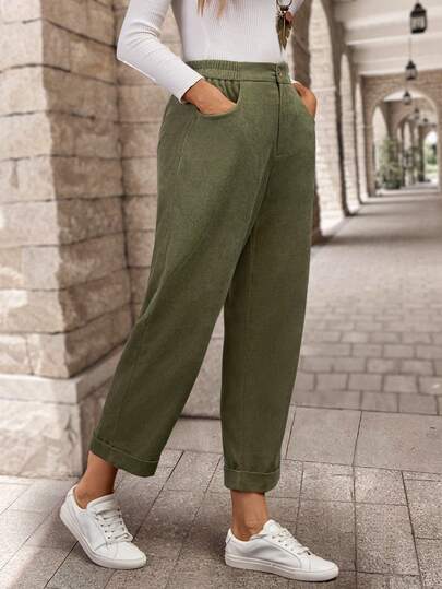 EMERY ROSE Women's Solid Color Patch Pocket Tapered Casual Corduroy Pants, Versatile For Autumn