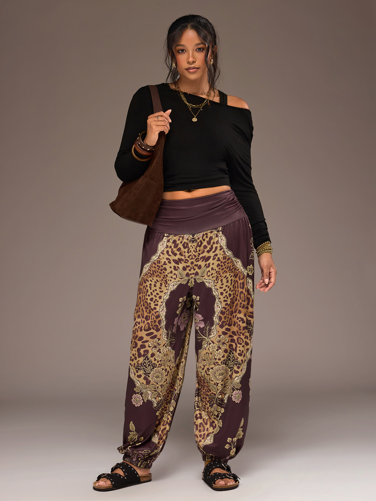 Freevana Plus Size Floral Leopard Print Fashion Pleated Cuffed Pants - Brown - View 7