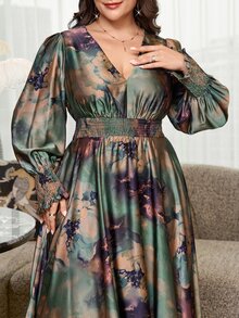 SHEIN Clasi 大尺碼女款花卉印花抓皺腰長洋裝，優雅奢華正式禮服，適合婚禮、晚宴、派對，綠色秋季沙烏地國慶日母親晚裝 - 綠色 - 查看 3