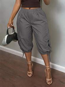 Slaydiva Plus Size Elastic Waist Cargo Tie-Up Capri Pants - Dark Grey - View 8